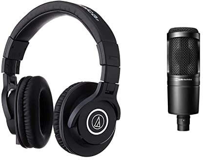 Audio-Technica M40x Auriculares de Estudio Profesionales para grabación de Estudio, Creadores, DJ + AT2020 Micrófono de Condensador cardioide para Voz en Off, podcasting, Streaming y grabación.