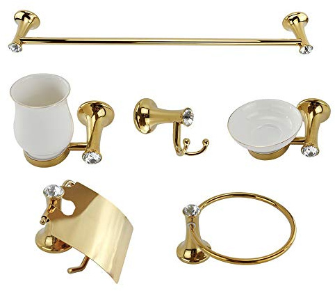 Vetrineinrete® Set Bagno in Oro e Ceramica con Punti Luce Cristalli in Acrilico 6 Pezzi arredo Accessori Bagno E66