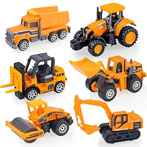 Tcvents 6 Pcs Construction Vehicles Toys, Kids Toy Cars Mini Digger Cake Toppers Diecast Metal Engineering Trucks Tractor Forklifts, Small Toy Car Set for Boys, Gift for Kids Age 3 4 5 6-9 Year Olds
