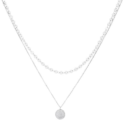 Artiqo Layering Kette Damen Edelstahl Silber | Mehrreihige Halskette mit Plättchen & Coin Anhänger | Wasserfest, Hautfreundlich & Größenverstellbar