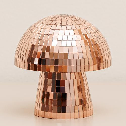 JOZHENJU Bola de discoteca reflectante de hongos – 4.9 pulgadas de oro rosa hecha a mano espejo con purpurina decoración para fiestas, hogar, escenario y mesa – Decoración creativa de hongos de
