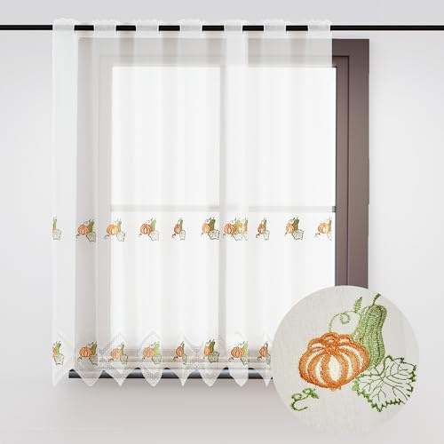 HOMEYA - Cortina Cocina 150 x 140 cm, Visillo Cocina con Bordados Transparente un Panel 150 x 140 cm (Ancho por Largo) Cucurbita