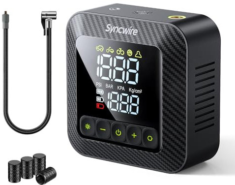 Syncwire Tyre Inflator Portable Air Compressor - 150PSI 3X Faster Inflation Air Pump Electric Tyre Pump for Car Motorcycle Bike Ball, with Car Tyre Valve Caps, Extra-Large LCD, LED Light, Auto-Off