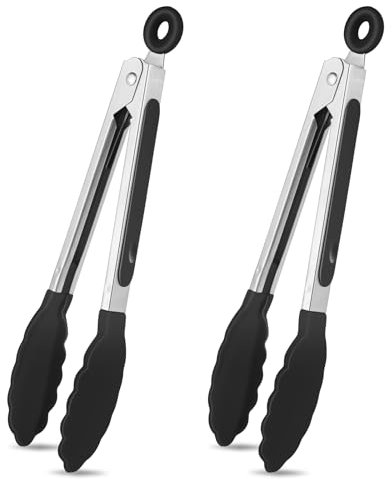 Cobee Pinza da Cucina, 2 Pezzi in Acciaio Inox e Silicone, 20 cm, Punte Senza BPA, Manico Antiscivolo, Resistenti al Calore (Nero)