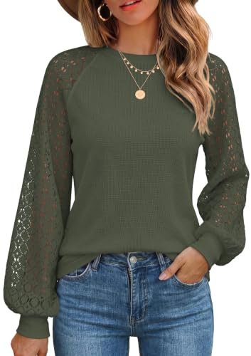 Zeagoo Womens Long Sleeve Tops Lace Plain Casual Blouses Loose Shirts | Round Neck| Waffle Business Work Shirts| Elegant Fall Tunic| S-3XL