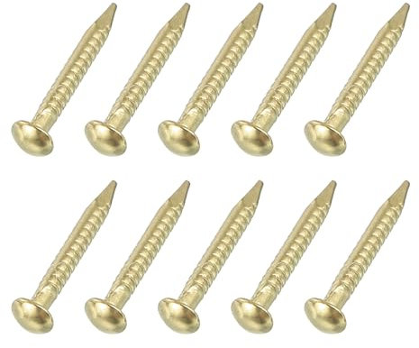 sourcing map 100Pcs Small Hardware Nails, 1.2 x 10mm Brass Round Head Nail Common Finishing Nail for Household Woodworking Picture Hanging DIY Projects, Gold