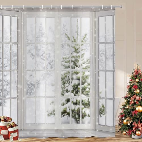 ASDCXZ Christmas Shower Curtain 120x200 cm, 3D Glitter Window View Snow Scene Christmas Tree Washable Bathroom Polyester Textile Waterproof Shower Curtains for Bathtub with 8 Hooks