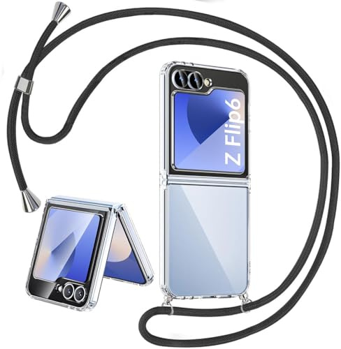 Funda para Samsung Galaxy Z Flip 6/Z Flip 7 FE con Cuerda, Galaxy Z Flip 6/Z Flip 7 FE Carcasa Transparente TPU Suave Silicona Case con Correa Colgante Ajustable Collar Correa de Cuello Cadena Cordón