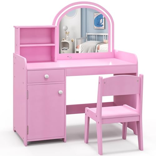 GYMAX Kids Vanity Table and Chair Set, Children Dressing Table with 2-Color LED Lighted Mirror, Drawer, Shelves and Cabinet, Wooden Girls Make up Table Set for Bedroom (Pink)