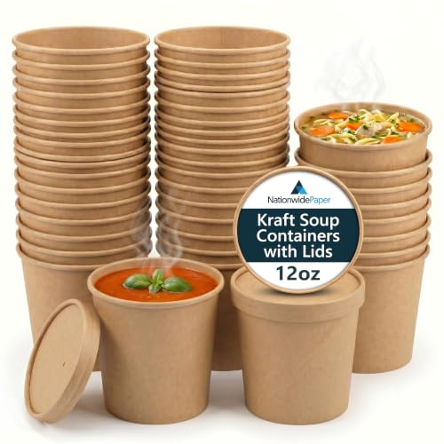 Nationwide Paper 12oz Brown Kraft Disposable Soup Containers with Lids 250 Pcs of Paper Soup Bowls Takeaway Tubs Perfect for Ice Cream and Deli Containers (340ml)