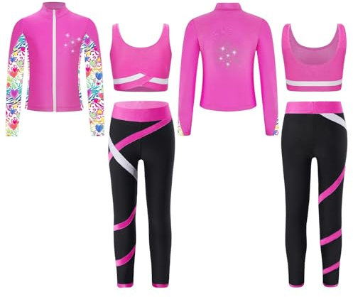 Trainingsanzug Mädchen Kinder Mädchen Eiskunstlauf-Fitness-Workout-Outfit, 3-teilig, ärmellos, U-Ausschnitt, Weste, Oberteil + Hose mit langem Ärmel, Reißverschluss vorne, Sweatshirt(Pink2,14)