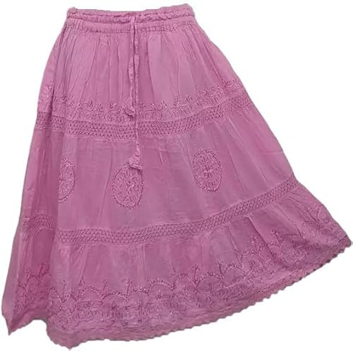 Doorwaytofashion Womens Knee Length Cotton Skirt Boho Festival Tiered Crochet Lace Embroidered Adjustable Waist Lined One Size 8 10 12 14 16 (UK, Alpha, One Size, Regular, Regular, Light Pink)