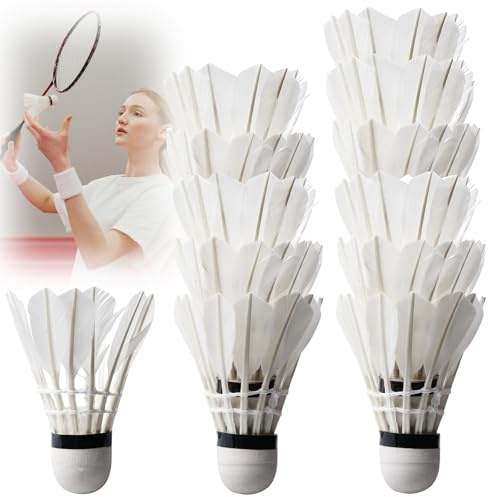 PRITOK 12 palline da badminton: volani bianchi in piuma d'oca, testa in sughero, allenamento sportivo ad alta velocità da giardino, piuma d'oca, badminton, volano per sport all'aperto e al chiuso