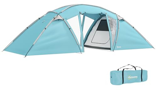 Outsunny 4-6 Man Family Camping Tent w/ 2 Bedrooms and a Living Room, Waterproof Tunnel Tent w/Sewn In Groundsheet, Doors, Windows, Carry Bag, Blue