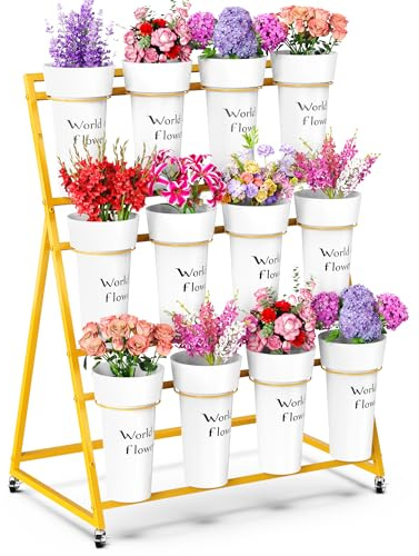 Asee'm Flower Display Stand with Buckets, 3-Layer Metal Flower Stand, Heavy Duty Movable Flower Bar with Wheels Flower Cart for Indoor Flower Shop Terrace Gardens Wedding Outdoor Flower Events Gold