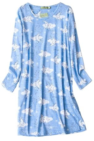 Generisch Camisón de mujer de franela, camisón de mujer de algodón, manga larga, camisa, estampado casual, vestido de dormir, vestido con tirantes, azul oscuro, M