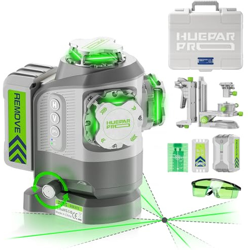 Huepar Pro Láser Nivelador con Base Giratoria Ajustable en Pivot, Nivel Láser Verde Autonivelante 360°, Recargable, Control Remoto, Alta Precisión ±2 mm, Modo Pulso, Uso Profesional