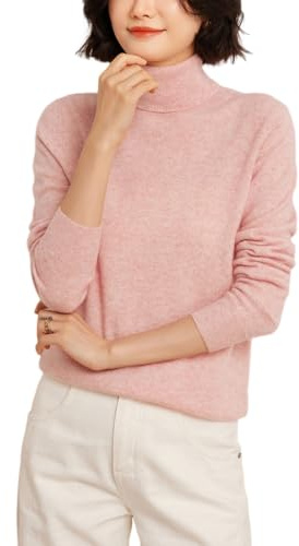 WEWE Women 95% Cashmere Jumper Pink Roll Neck Knitted Jumper Long Sleeve Relaxed Cashmere Wool Thin Solid Color Ladies Sweater,UK 12,YG903