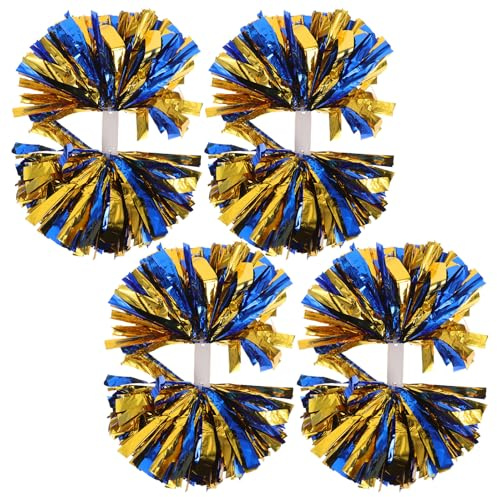 Mikikit Lot de 4 Pompons de Cheerleading Métalliques Taille Moyenne avec Poignée Ergonomique Bleu et Or Accessoires Légers pour Équipe de Danse pour Entraînement Matchs Sportifs et