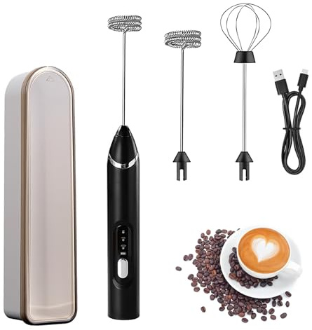 Xynovate Espumador de Leche, USB Recargable batidor de leche electrico 2 Varillas Acero Inoxidable, Regulable en 3 Velocidades, Fácil Limpieza, Caja de Almacenamiento Portátil (Negro)