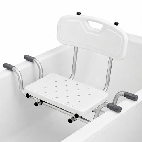 Asiento de bañera ajustable para personas mayores con respaldo: taburete de baño antideslizante con ancho de asiento extraíble (77-87 cm), respaldo ajustable en altura (29-34 cm) y capacidad de carga