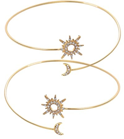 Lurrose Bracelet Manchette Doré Haut du Bras, Jonc Ouvert Ajustable en Alliage Métal Orné de Cristaux Soleil et Lune, Bijou Manchette Femme Élégant pour Fêtes et Sorties Décontractées
