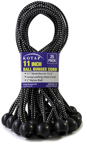 Kotap BB-11B Ball Bungee Cord, Heavy-Duty & Versatile, Indoor & Outdoor, Tarp Tie-Down, Organize & Secure, 11 Inch, Black, 25 Pack