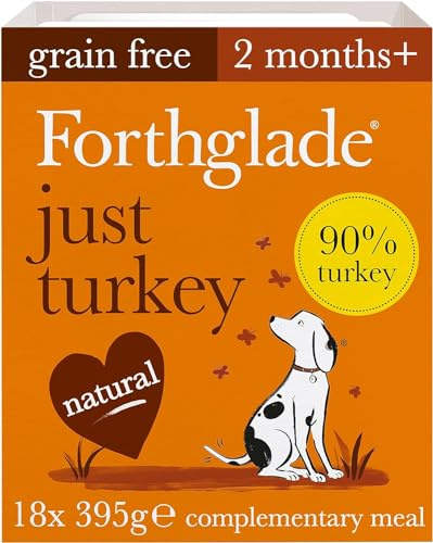 Forthglade Complementary Wet Dog Food (18 x 395g Trays) - Grain Free & Hypoallergenic Dog Food, Just 90% Turkey, Stomach Sensitive Meals with Natural Ingredients