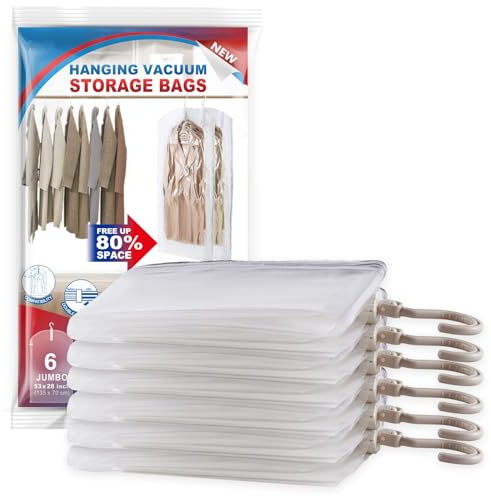 Hanging Vacuum Storage Bags, 6 Pack Large Hanging Vacuum Seal Garment Bags for Clothing, Space Saver for Clothes, Suits, Dresses, Jackets, Clothing Storage for Moving Supplies(6 Long)