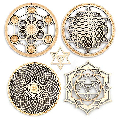 Qallicon 5.31 Sacred Geometry Wall Art 4 PCS Set, (Metatron Cube, 64 Tetrahedron, Torus, Merkaba) Crystal Grid Meditation Chakra Wooden Wall Art Yoga Decor Spiritual Gifts