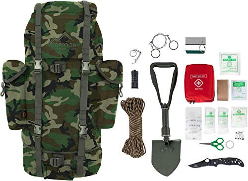 Survival Überlebens Set BW Bundeswehr Rucksack + Bundeswehr Mini Spaten nach TL + Einhandmesser + Erste Hilfe Notfall Kit + Drahtsäge + Flaschenöffner + Fire Rope in versch. Farben Farbe Woodland