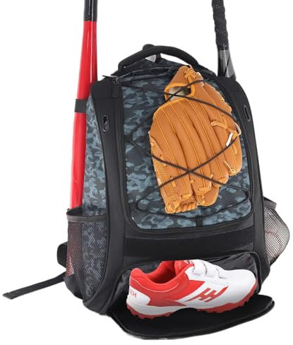 WOLT - Mochila de béisbol, para bate, guantes, tee-ball, sófbol, compartimento principal grande para casco y accesorios, compartimento separado para zapatos, gancho de valla (gris camuflaje)