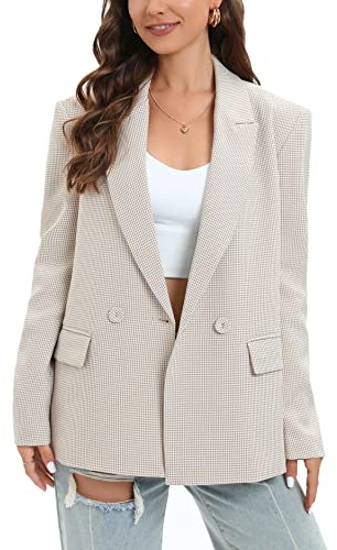TRNY Women's Oversized Double-Breasted Houndstooth Blazer Jacket with Pockets - Long Sleeve Casual Boyfriend Style Work Office Blazer in Mini Beige