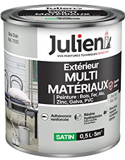 Julien Peinture Multi-Matériaux Satin en phase Aqueuse - Bois, Fer, Alu, PVC, Zinc, Acier galvanisé, brut ou peint - Gris Clair 0,5 L