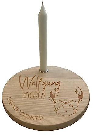 minimutz Geburtstagsteller Holz für Kinder | Personalisierter Kerzenteller Sternzeichen Junge Mädchen | Geburtstagskranz Set mit Kerze | Alternativer Geburtsagszug Sternbild Krebs