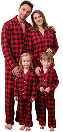 Amissz Pijamas Dos Piezas Familiares de Navidad, Ropa de Noche Homewear Algodón Camisas de Manga Larga + Pantalones Largos Sudadera Rojo para Niños, 6-7 Años