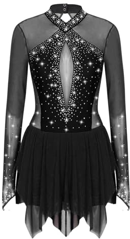 Oyolan Femme Justaucorps Patinage Artistique Gymnastique Danse Strass Brillant Robe Manches Longues Costume Danse A Noir M