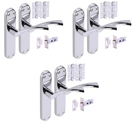 Hunta HANDLEZONE® 3 Sets Lobo Internal Door Handles on Backplate Lever Latch Packs with Ball Bearing Hinges - Polished Chrome