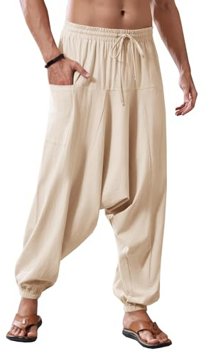 Runcati Pantaloni da Uomo in Cotone Harem Baggy Hippie Casual Lino Yoga Pantaloni da Spiaggia a Vita Bassa Trouser, Cachi, XL