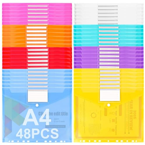 ASelected 48 Pezzi Busta A4 11 Fori con Bottone, Cartellina 11 Fori A4 Trasparente in 8 Colori con Tasca Etichetta, Porta Documenti con Etichetta per Raccoglitore, Scuola e Ufficio
