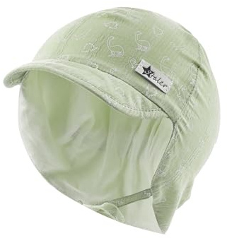 Sterntaler Schirmmütze Nacken Saurier - Jungen Mütze aus Baumwolle - UV-Schutz 30 Sommermütze mit Ohrenklappen und Bindeband - Sonnenhut - Baby und Kinder Kopfbedeckung - eisgrün, Größe 49