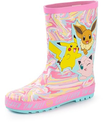 Pokemon Girls Wellington Boots | Kids Wellies with Pikachu, Eevee & Jigglypuff Character Print in Pink | Childrens Water Resistant Rubber Boots with Marble Effect | Classic Video Game Merchandise Gift
