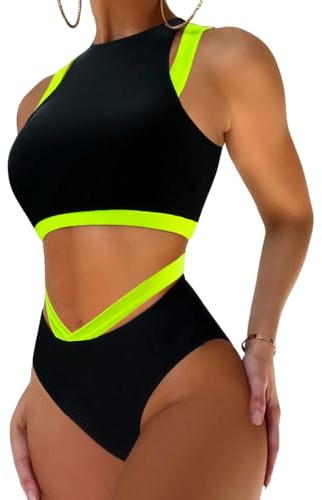 Rand Pole Dance Ropa Mujer – Conjunto Deportivo de Ropa Pole Dance Negro Neón, Top sin Aro y Bikini Tiro Alto, Ideal para Pole Sport, Pole Fitness, Indumentaria Pole Dance (M)