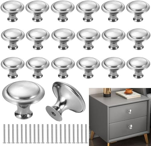 20 Pcs Cabinet Door Knobs Hardware Sturdy Knobs Brushed Nickel Round Drawer Handle Stainless Steel with Screw for Cabinet Wardrobe Furniture Kitchen Bathroom Bedroom Silver