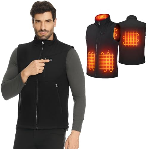 KEMIMOTO Gilet Chauffant Homme, Gilet Thermique Imperméable avec Application Exclusive et Batterie 10 000 mAh, Tissu Softshell Coupe-Vent 3 En 1, 4 Zones de Chaleur pour Moto, Ski, Randonnée