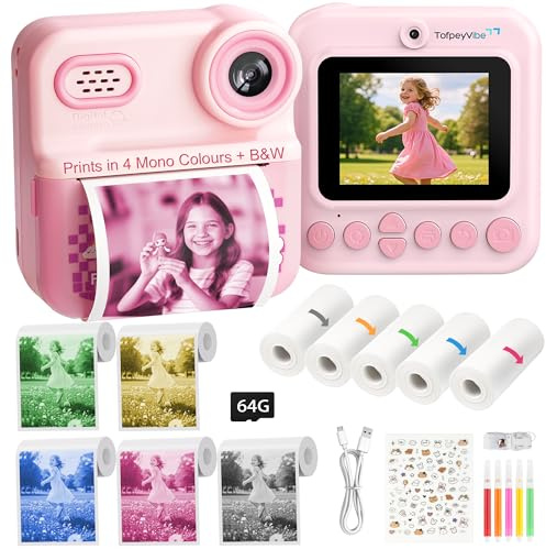 TofpeyVibe Kids Instant Print Camera – 48MP Dual Lens, 1080P Video, 5 Mono Colour Printing 2.4″ IPS Screen, 16× Digital Zoom, 64GB, Gift Camera for Ages 3–12