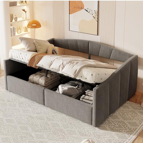 BENMWS Letto imbottito divano letto 140x200cm, con deposito idraulico, con rete a doghe e braccioli, classico a righe, letto singolo multifunzionale, tessuto in velluto delicato sulla pelle, grigio