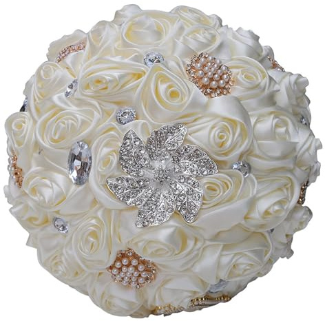 KUNYOS Bouquet de mariée Exquis, Bouquet de Roses simulées en Satin, Incrustation de Perles en Strass, Dentelle, décoration de nœud(Cream Color)
