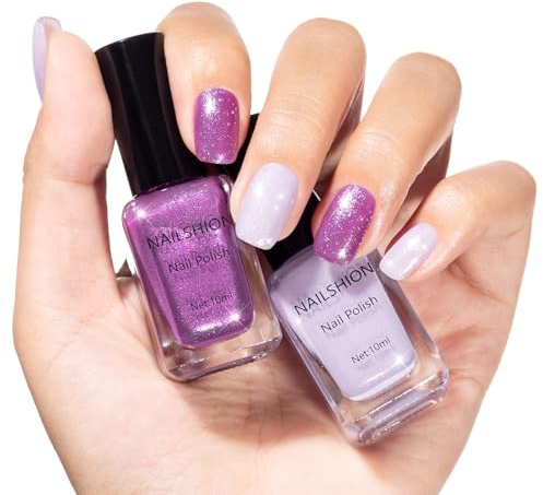 Nailshion Purple Sparkle Nail Polish, Mermaid Shimmer Shades Classic Fingernail Toenail Polish Duo, Caster Oil Enriched, Non-Gel, Vegan, Opaque, Quick Dry Lilac Glitter DIY Nail Art