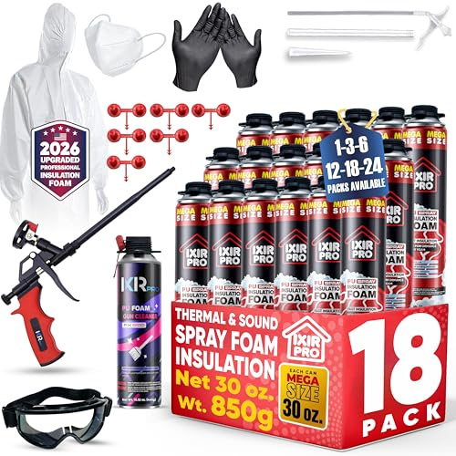 ixirpro Spray Foam Insulation Kit (18 PK Kit-30oz, 414 Board ft/sq.ft) Expanding Sealant, Spray Foam, Mega Size Closed Cell Heat Acoustic Insulation, High Density, Cleaner, Gun